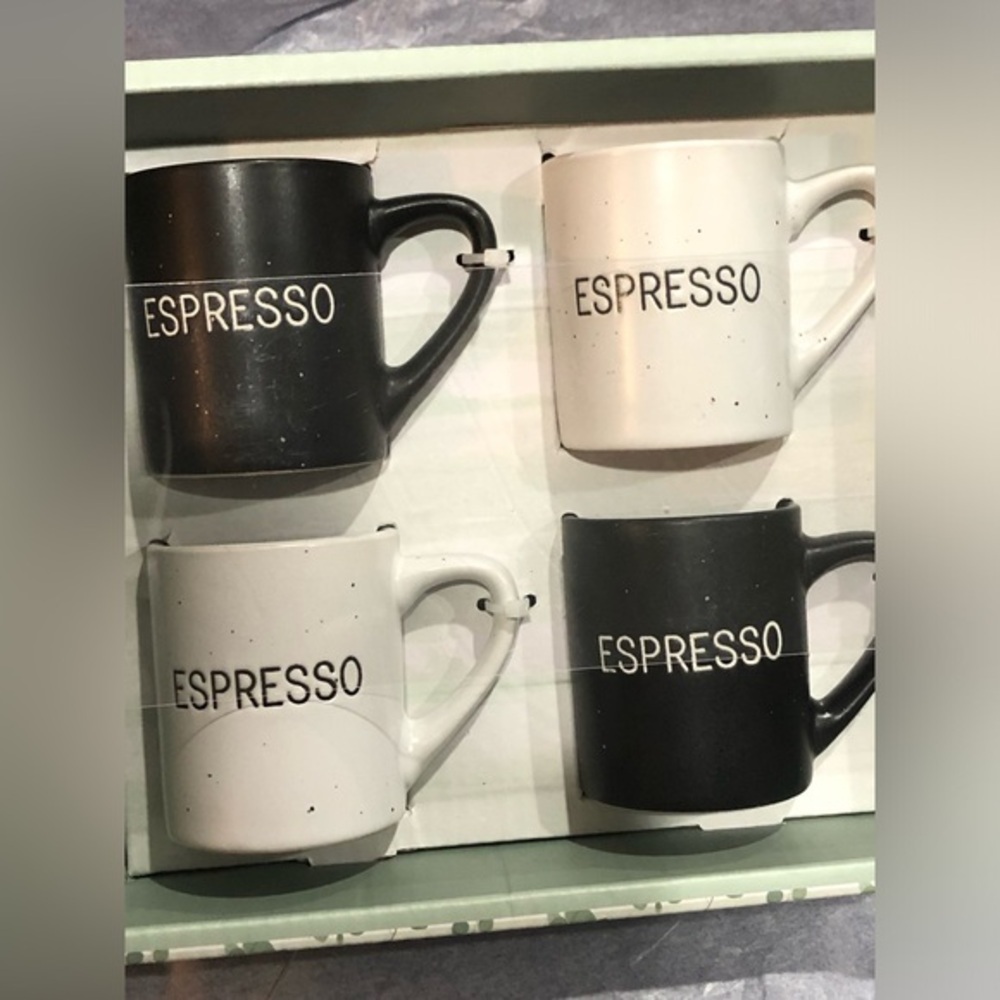 Set of 4 black and white ceramic espresso mugs gift set brand new‎